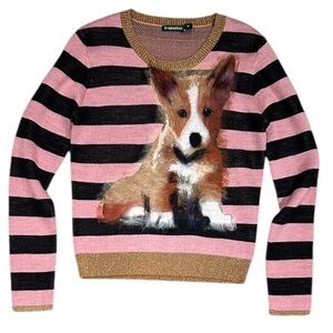 Anthropologie Pink and Black Striped Sweater with Dog Design